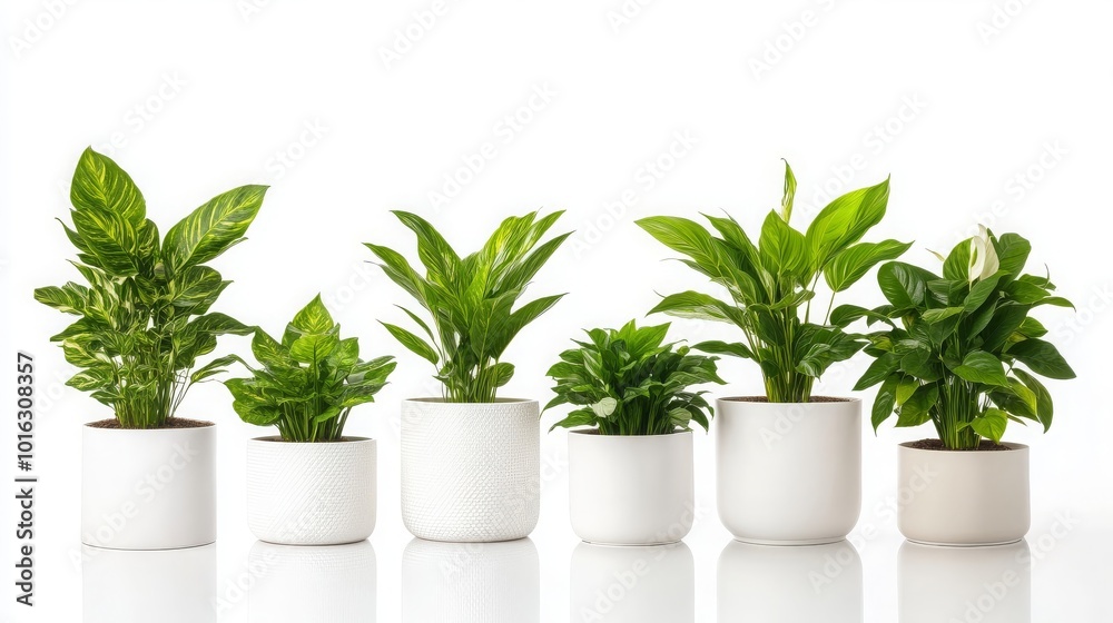 Fototapeta premium Green Plants in White Pots on White Background