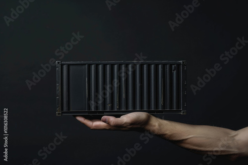 Businessman holding miniature black shipping container