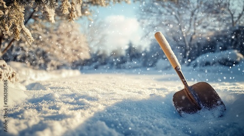 Shovel in a snowy landscape, ready for clearing snow from sidewalks and paths during winter.