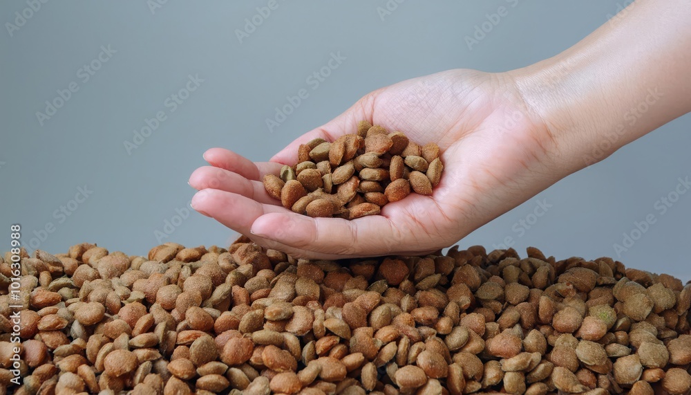 Hand holding cocoa beans on a neutral background. Hand holding cocoa beans on a neutral background.
