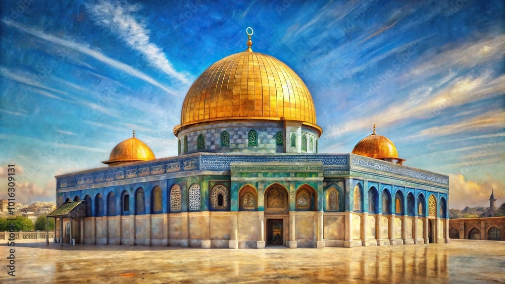 Fototapeta premium Medium shot oil painting of Dome of the Rock Mosque in Jerusalem