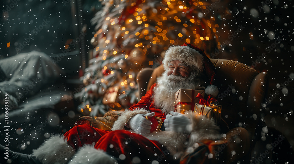 Santa Claus with a Christmas Gift by the Tree for a Joyous and Festive New Year Santa Claus with a Christmas Gift by the Tree for a Joyous and Festive New Year