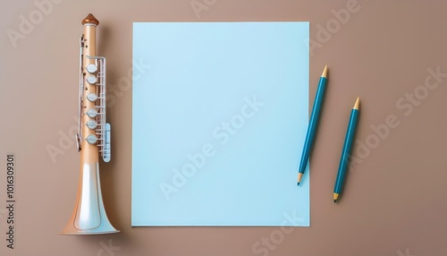 Woodwind instrument, blank paper, colored pencils, brown background