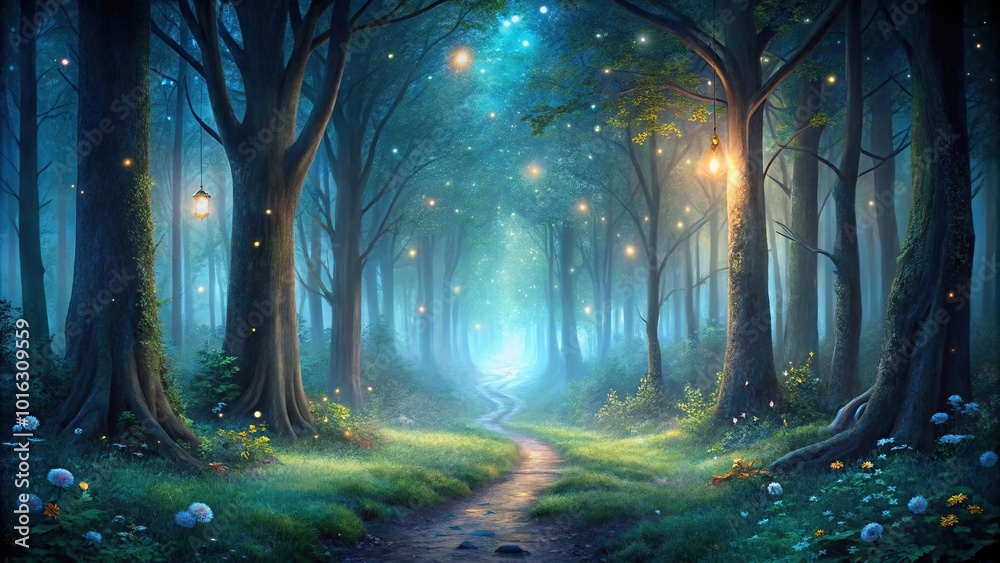 Fototapeta premium Night in a magical forest with leading lines