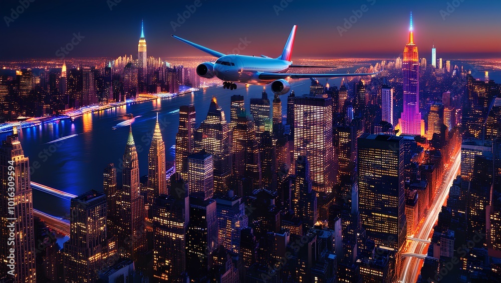 Fototapeta premium An airplane soars above the vibrant skyline of New York City at night