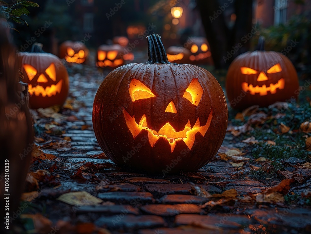 Group of glowing jack-o'-lanterns with various carved faces arranged in a spooky Halloween display at night Generative AI Group of glowing jack-o'-lanterns with various carved faces arranged in a spooky Halloween display at night Generative AI