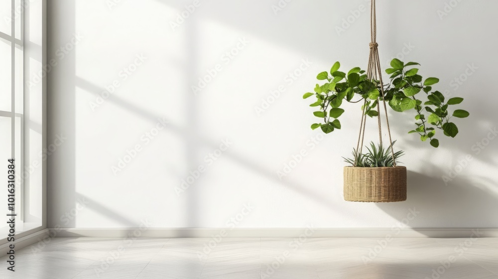 White Wall Room Interior Design with Hanging Plant in a Wicker Basket White Wall Room Interior Design with Hanging Plant in a Wicker Basket