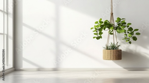 Wallpaper Mural White Wall Room Interior Design with Hanging Plant in a Wicker Basket Torontodigital.ca