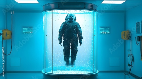 Mysterious figure inside a cryo chamber frost covering the glass as the person remains in deep suspended animation or cryogenic sleep photo