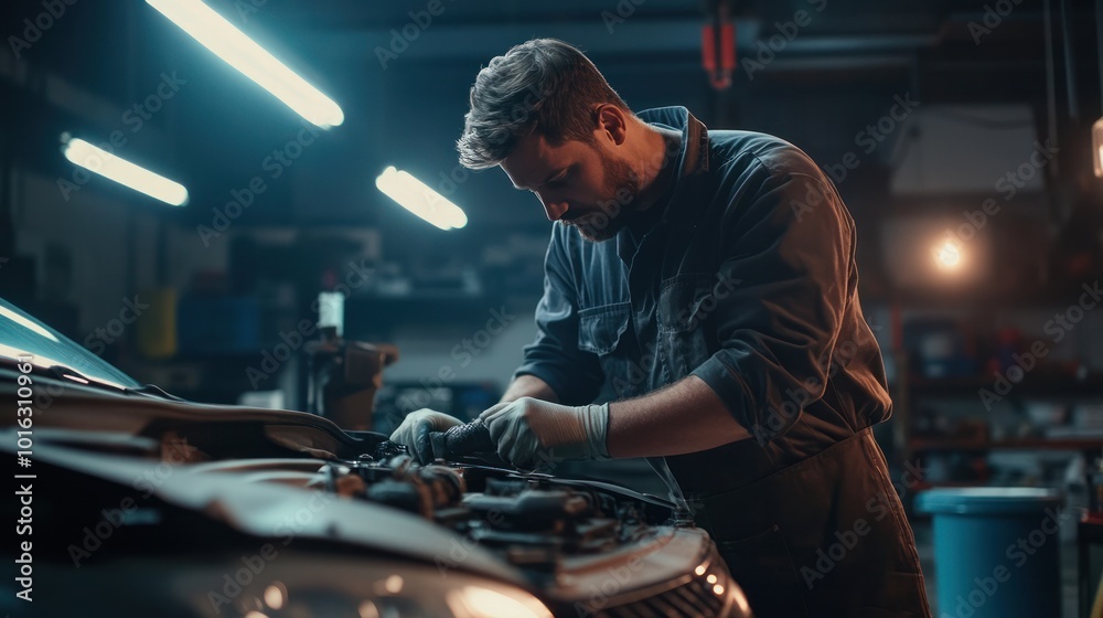 Vehicle maintenance service performed by a technician in a garage Vehicle maintenance service performed by a technician in a garage