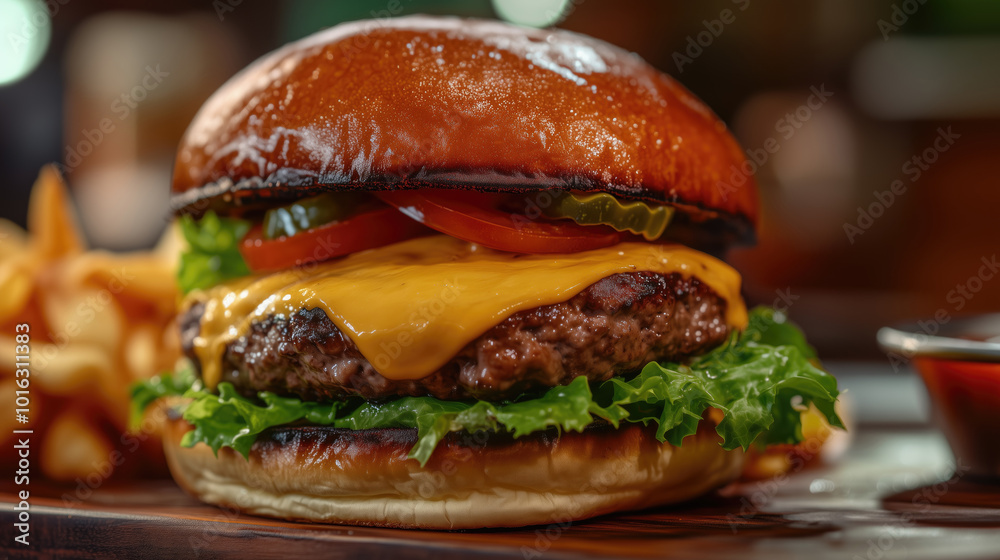 Burger with french fries on wooden background.
