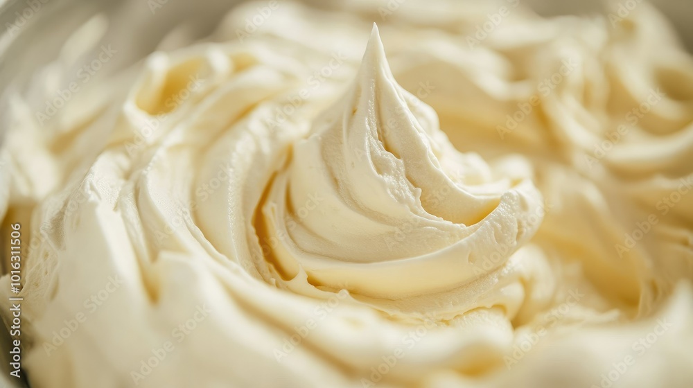 Sweet whipped cream being mixed in a bowl, closeup of texture and smoothness, perfect for cakes. Sweet whipped cream being mixed in a bowl, closeup of texture and smoothness, perfect for cakes.