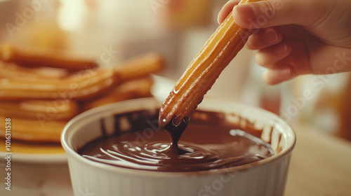 Churros dipped in chocolate, close-up shot.