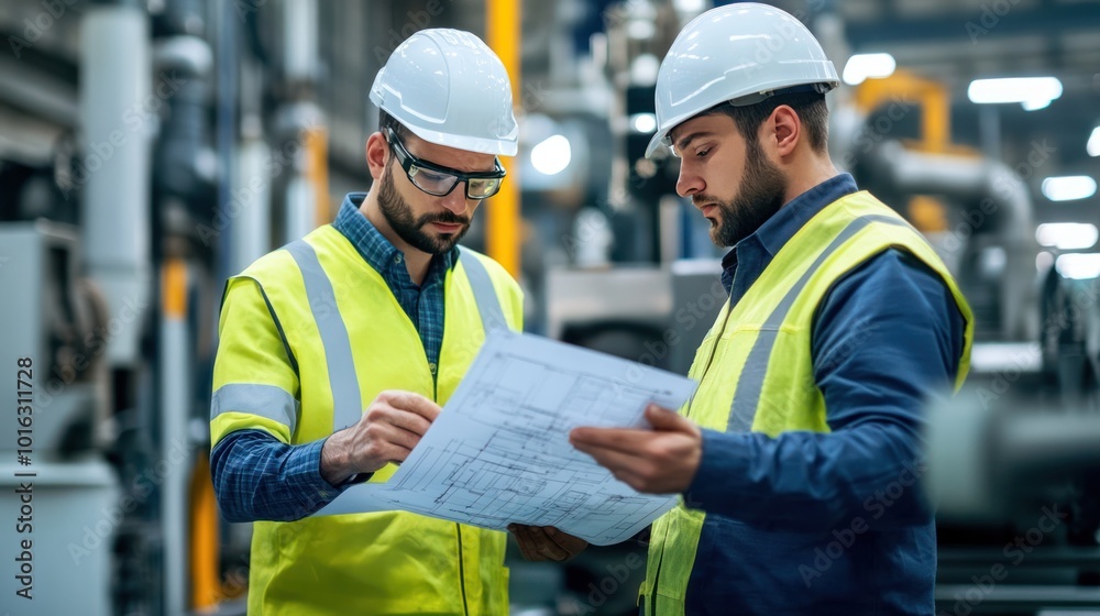 Young male engineer collaborating with a foreman on a project blueprint Young male engineer collaborating with a foreman on a project blueprint