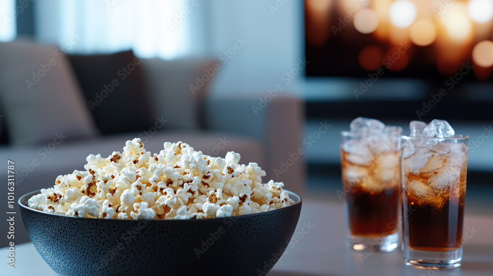 Popcorn and cola in black bowl on table in living room Popcorn and cola in black bowl on table in living room