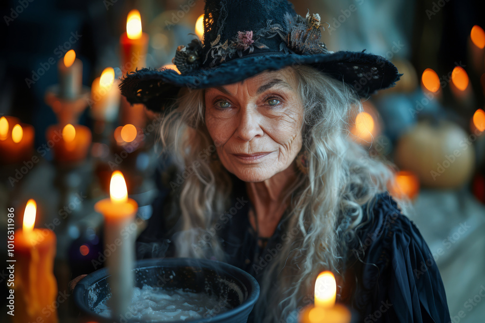 Surrounded by flickering candles, senior witch stirs her mystical cauldron, creating potions and weaving spells in a dimly lit sanctuary filled with ancient artifacts Surrounded by flickering candles, senior witch stirs her mystical cauldron, creating potions and weaving spells in a dimly lit sanctuary filled with ancient artifacts