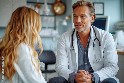 Confident doctor consults with a patient in a bright, airy medical examination room, creating a welcoming atmosphere for discussion and care