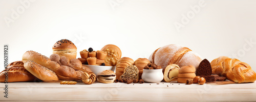 An array of freshly baked bread and pastries displayed on a wooden table in a soft light setting