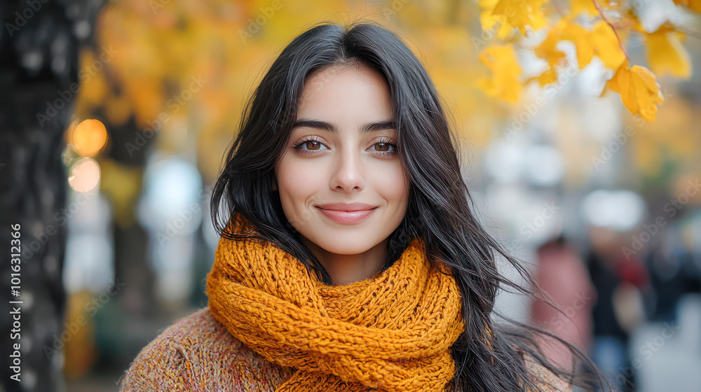 Smiling woman with dark hair wearing a mustard yellow scarf in an autumn outdoor setting with golden leaves. Smiling woman with dark hair wearing a mustard yellow scarf in an autumn outdoor setting with golden leaves.