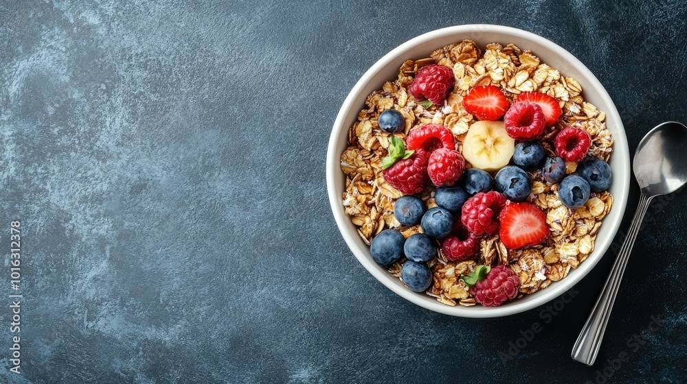 Top view of a bowl of muesli with mixed fruit and milk, placed in the center, with ample copy space. Top view of a bowl of muesli with mixed fruit and milk, placed in the center, with ample copy space.