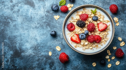 Top view of a bowl of muesli with mixed fruit and milk, placed in the center, with ample copy space.