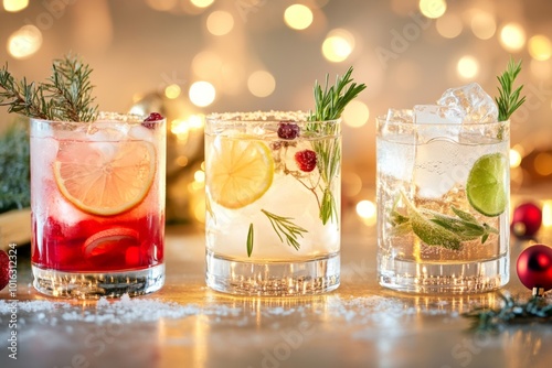 Festive Holiday Cocktails. Glasses of cocktails with Christmas decoration on bokeh lights background. Season drink set. Vibrant colorful display of various winter cocktails for New Year celebrations photo