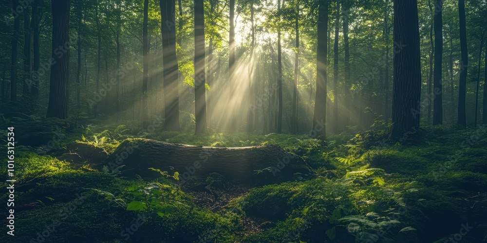 Obraz premium A serene forest scene showcasing beams of sunlight filtering through lush trees, creating a tranquil and enchanting atmosphere.