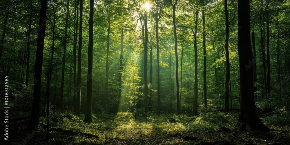 Fototapeta premium A serene forest scene with sunlight filtering through lush green trees, creating a tranquil and peaceful atmosphere.