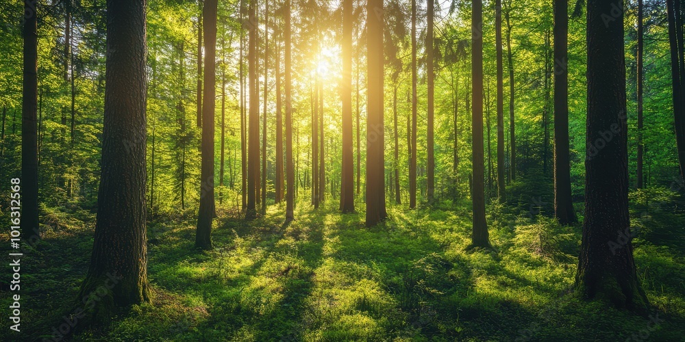 Fototapeta premium A serene forest scene with sunlight filtering through tall trees, creating a tranquil and enchanting atmosphere.