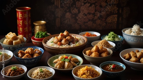 A table spread with an array of traditional Chinese dishes, featuring a large bowl of rice with meat and vegetables in the center.