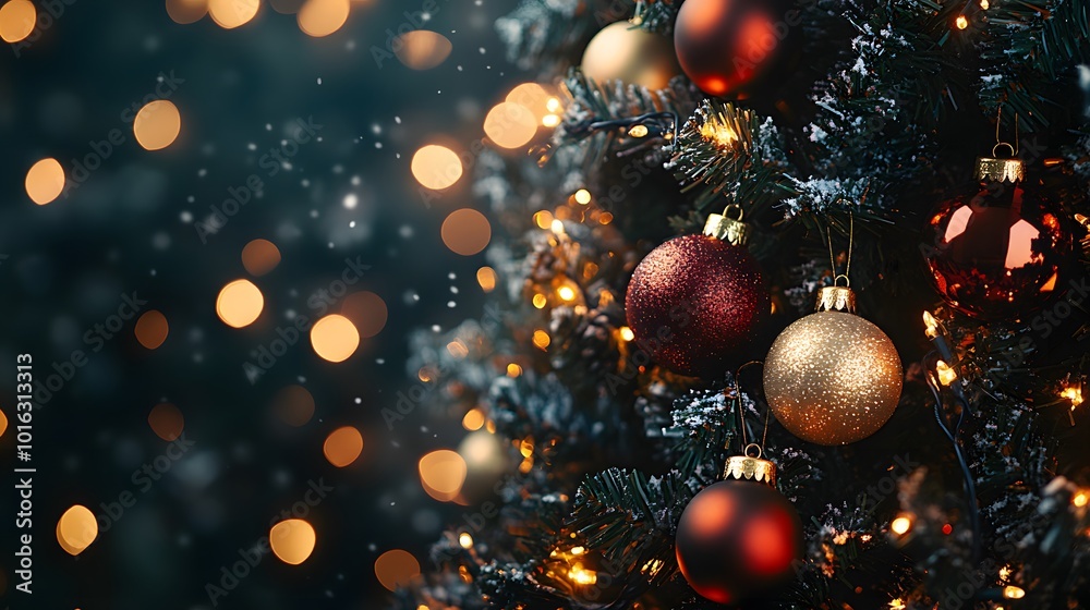 Close-up of a Decorated Christmas Tree with Red and Gold Ornaments Close-up of a Decorated Christmas Tree with Red and Gold Ornaments