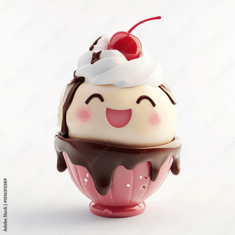 3D Cute Sundae Ice Cream Character with Whipped Cream and Cherry for Fun Illustrations 3D Cute Sundae Ice Cream Character with Whipped Cream and Cherry for Fun Illustrations