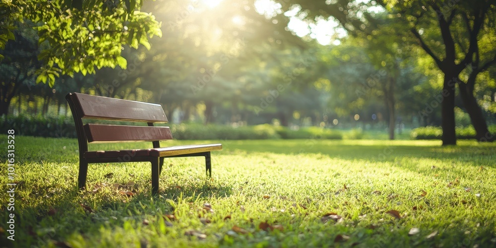 A serene park scene featuring a wooden bench surrounded by lush greenery and soft sunlight filtering through the trees. A serene park scene featuring a wooden bench surrounded by lush greenery and soft sunlight filtering through the trees.