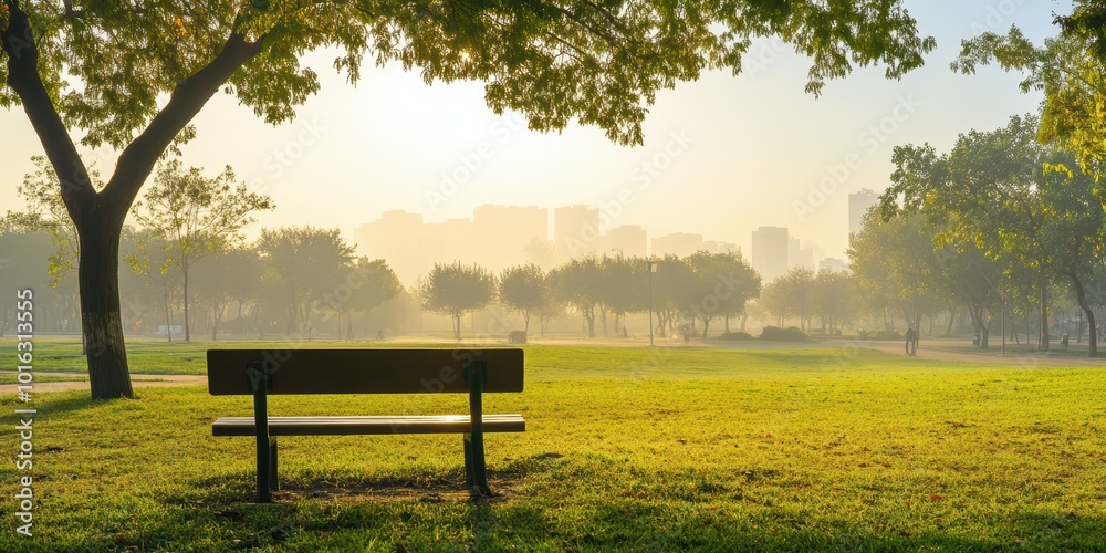 Fototapeta premium A serene park scene featuring a bench under lush trees, bathed in soft morning light, ideal for tranquil moments and relaxation.