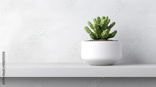 White Potted Cactus Plant on Shelf Minimalist Design