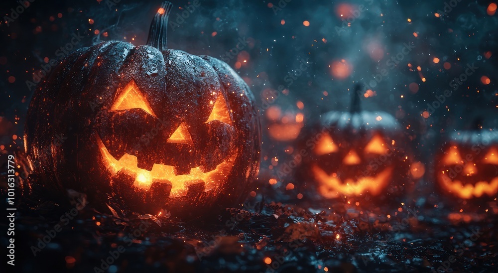 Group of glowing jack-o'-lanterns with menacing carved faces alongside dark pumpkins on a black background Generative AI Group of glowing jack-o'-lanterns with menacing carved faces alongside dark pumpkins on a black background Generative AI