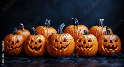 Group of glowing jack-o'-lanterns with menacing carved faces alongside dark pumpkins on a black background Generative AI