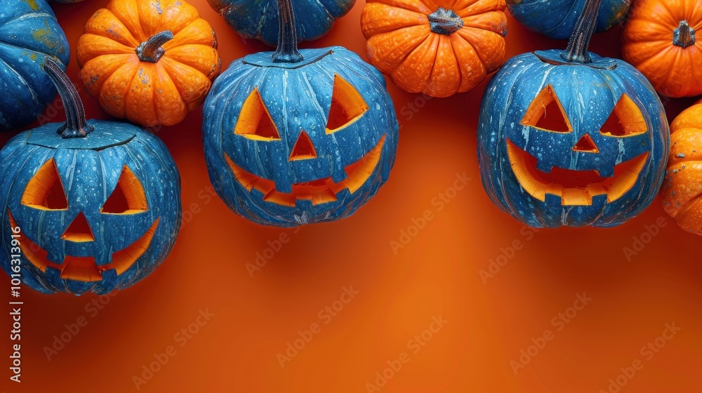 Vibrantly painted blue and orange jack-o'-lanterns arranged on a festive orange backdrop for Halloween celebration. Generative AI Vibrantly painted blue and orange jack-o'-lanterns arranged on a festive orange backdrop for Halloween celebration. Generative AI
