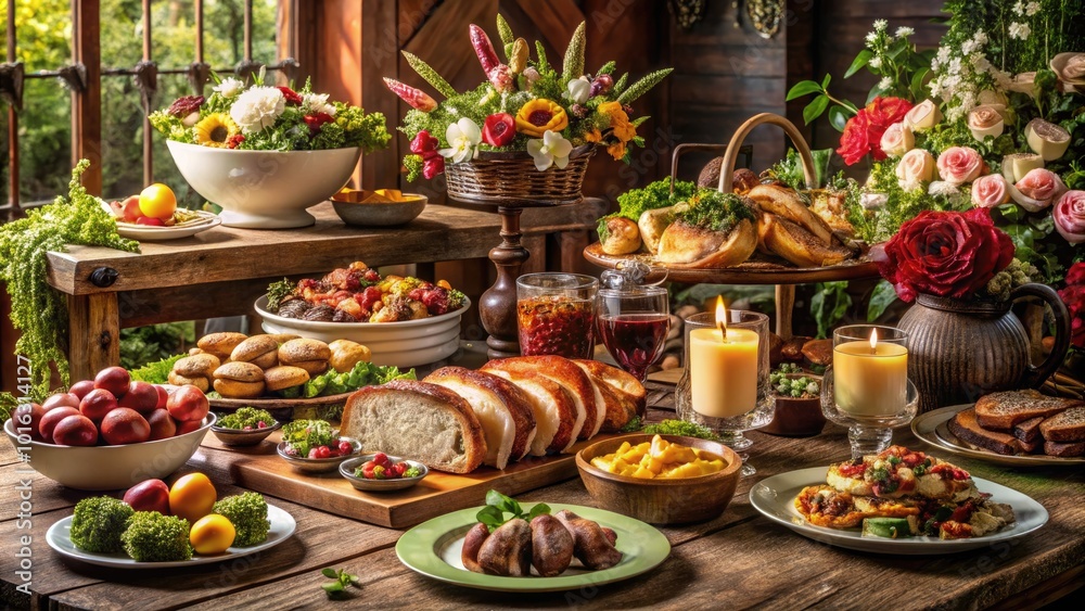 Grand Feast Table Spread with Delicious Dishes for Stunning Portrait Photography Grand Feast Table Spread with Delicious Dishes for Stunning Portrait Photography