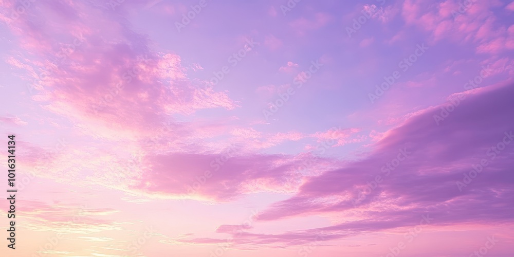 Obraz premium A serene sunset sky filled with soft pink and purple clouds, creating a calm and peaceful atmosphere at dusk.
