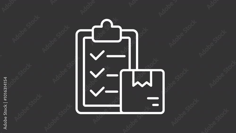 Delivery list white line animation. Shipping documentation animated icon. Shaking box, completion mark. Isolated illustration on dark background. Transition alpha video. Motion graphic Delivery list white line animation. Shipping documentation animated icon. Shaking box, completion mark. Isolated illustration on dark background. Transition alpha video. Motion graphic