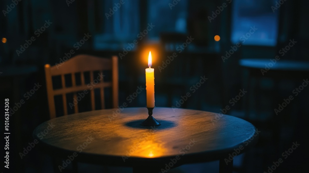 Warm candle flame glowing on an old-fashioned table in a dark night room, soft light reflecting off empty walls.