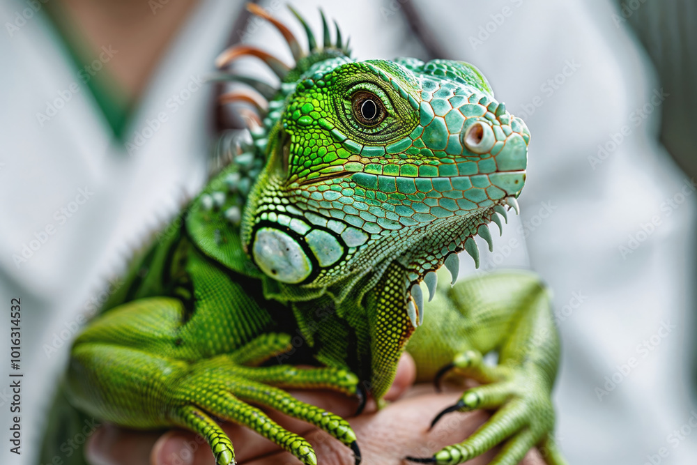 Fototapeta premium Veterinarian holding green iguana during checkup