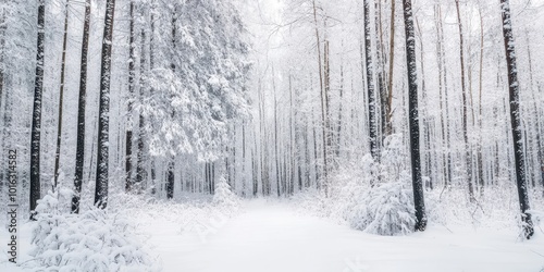 A serene winter forest covered in fresh snow, with tall trees creating a peaceful atmosphere and soft, muted colors.