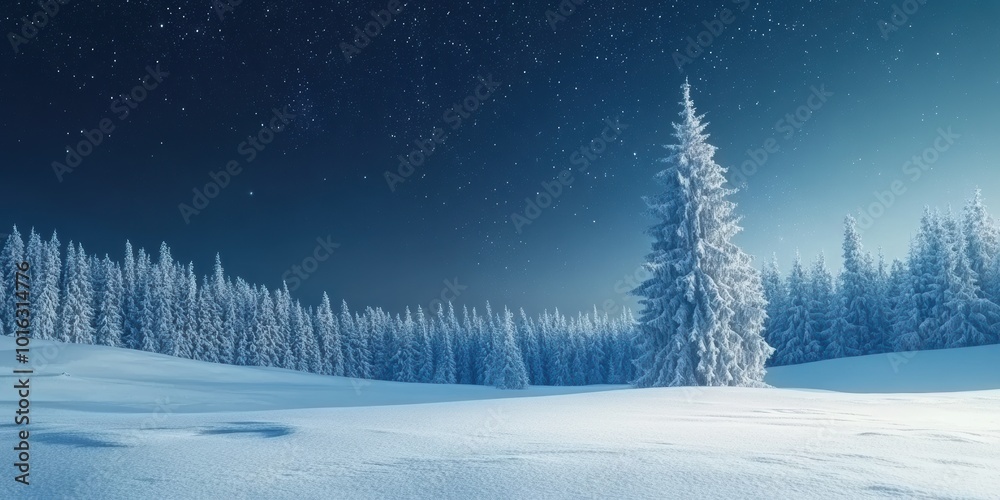 Fototapeta premium A serene winter landscape featuring a snow-covered pine tree against a starry night sky, evoking peace and tranquility.