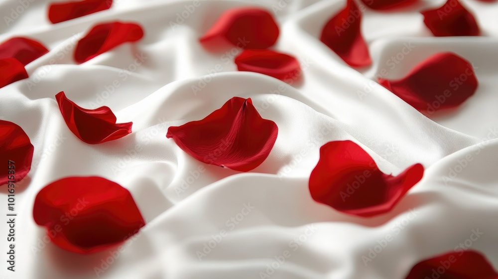 White shirt fabric adorned with red petals, symbolizing passion and romance with a smooth, elegant feel. White shirt fabric adorned with red petals, symbolizing passion and romance with a smooth, elegant feel.