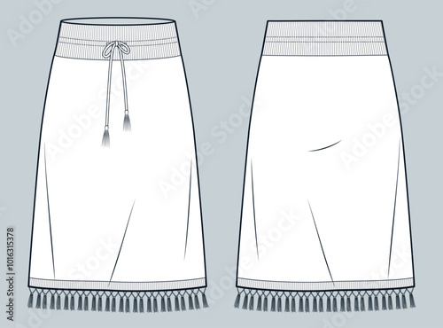 Tassel Skirt technical fashion illustration. Knit midi Skirt fashion flat technical drawing template, drawstring waist, A line, front and back view, white, women CAD mockup.