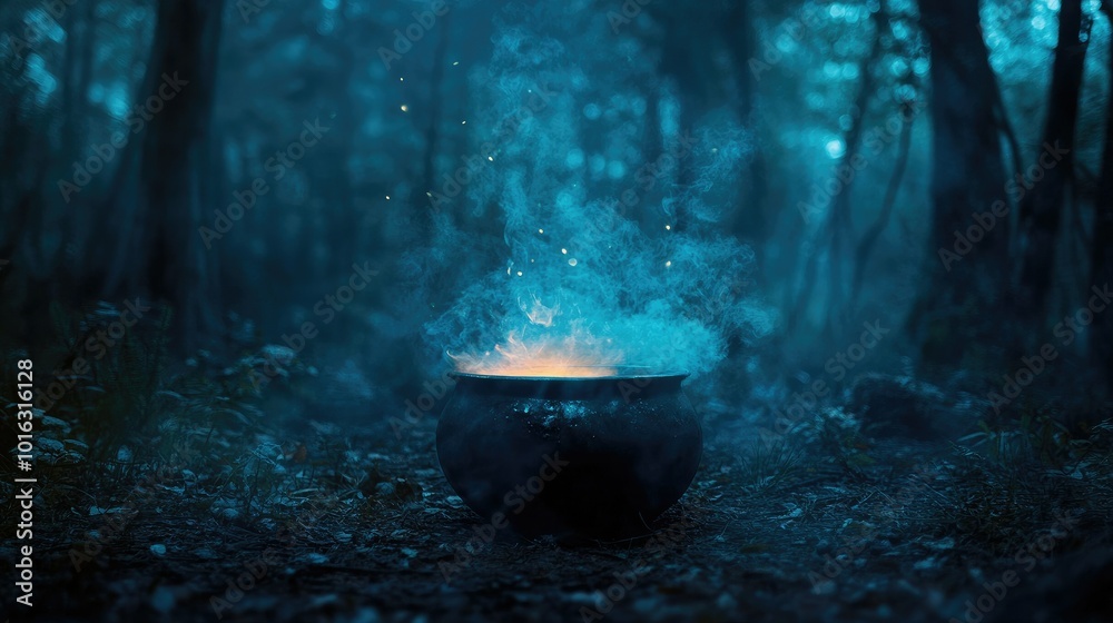 Witch cauldron in a dark forest clearing, eerie glow and mist swirling, capturing a magical Halloween night. Witch cauldron in a dark forest clearing, eerie glow and mist swirling, capturing a magical Halloween night.