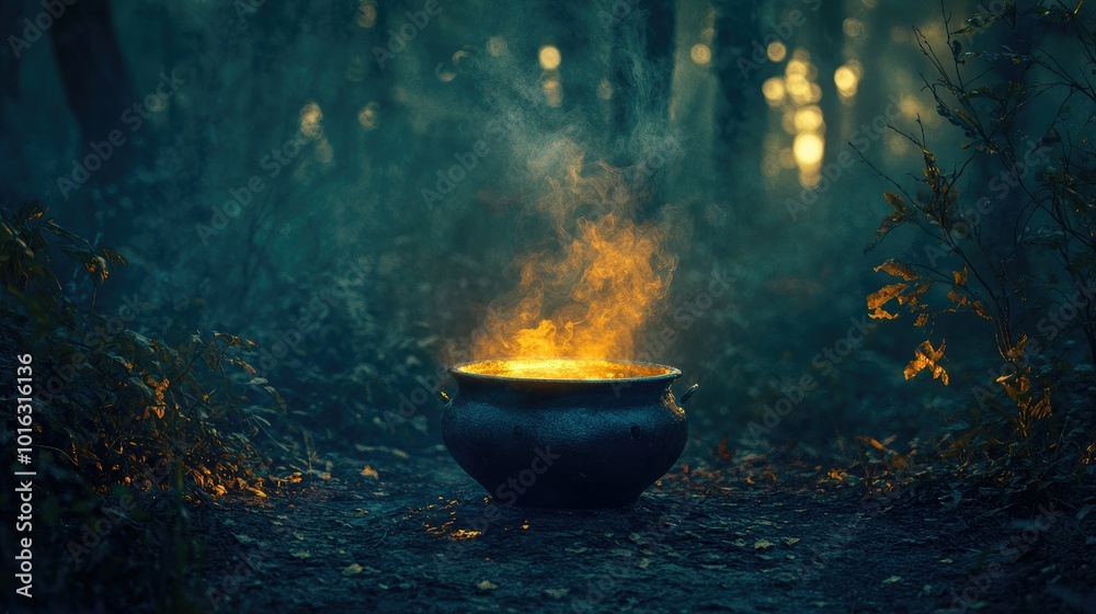 Witch cauldron in a dark forest clearing, eerie glow and mist swirling, capturing a magical Halloween night. Witch cauldron in a dark forest clearing, eerie glow and mist swirling, capturing a magical Halloween night.