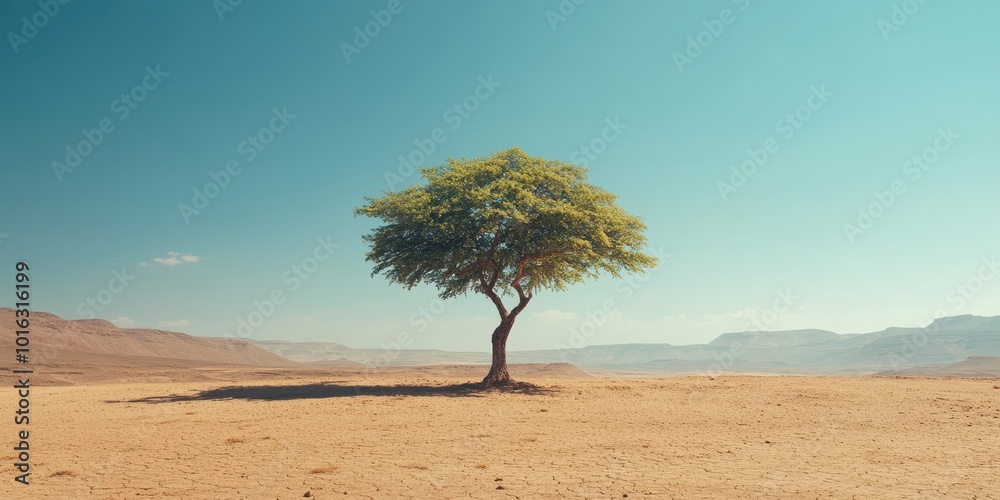 A solitary tree stands gracefully against a serene blue sky, embodying resilience in a vast desert landscape. A solitary tree stands gracefully against a serene blue sky, embodying resilience in a vast desert landscape.